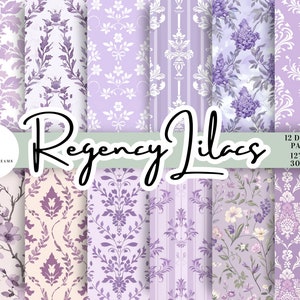Paquete de papel digital Regency Lilacs 12 - Descarga instantánea. Patrón de repetición sin costuras imprimible. Damasco Púrpura, Brocado Floral PNG, Sublimación