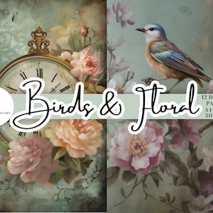 Shabby Chic Vintage Birds & Floral Pacote de papel DIGITAL 12 x A4 - DOWNLOAD INSTANTÂNEO. Colagem de álbum de recortes de rosas e pássaros para impressão