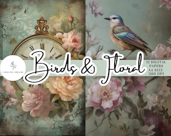 Shabby Chic Vintage Birds & Floral DIGITAL 12 x A4 Paper Pack -  INSTANT DOWNLOAD. Roses and Birds Scrapbook Collage Printable Junk Journal