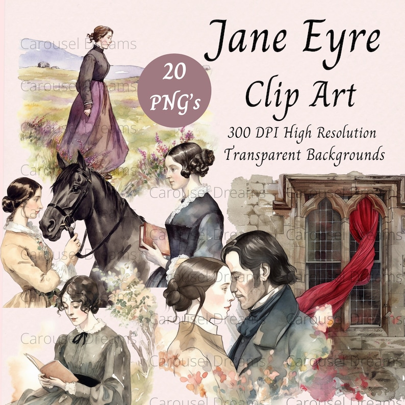 May include: A set of 20 digital clip art images featuring Jane Eyre characters and scenes. The images are in a watercolor style and have transparent backgrounds. The text "Jane Eyre Clip Art" and "20 PNG's" is included in the image.