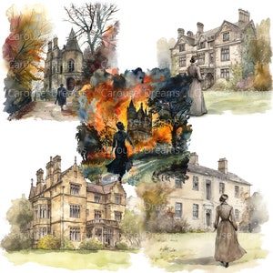 May include: A watercolor painting of four different houses, each with a woman walking towards them. The houses are all in a similar style, with tall windows and a grand facade. The women are all dressed in long dresses and have their backs to the viewer. The painting is set against a backdrop of a lush green lawn and a bright blue sky.