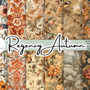 May include: A set of 18 digital papers featuring autumnal floral patterns in shades of orange, brown, and cream. The papers are 12 inches by 12 inches and 300 DPI. The text "Regency Autumn" is displayed in a decorative font.