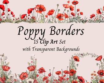 Red Poppy Flower Border Clipart Set – Watercolor Floral PNG (Digital Download)