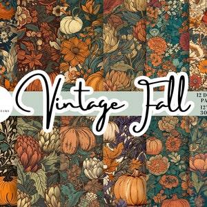 Vintage Fall 12 DIGITAL Paper Bundle - Instant Download. Halloween Floral Scrapbooking Sublimation, Pumpkin, Artichoke, Seamless Pattern PNG