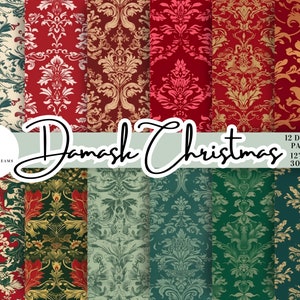 Weihnachten Damast 12 Digital Papier Pack - Sofort Download druckbare, nahtlose Muster, Scrapbook, Rot, Grün & Gold festlich, kommerziell.