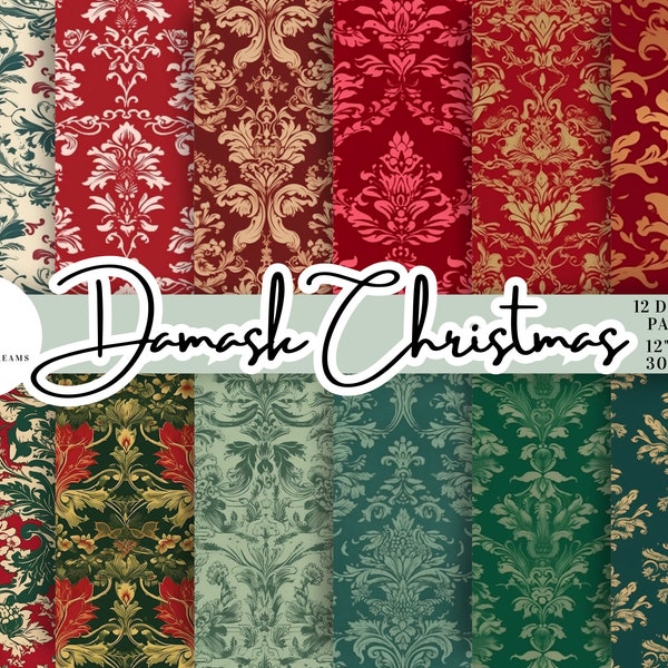 Christmas Damask 12 Digital Paper Pack -  Instant Download Printable, Seamless Pattern, Scrapbook, Red, Green & Gold Festive, Commercial.