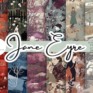 Paquete de papel digital Jane Eyre 12 - Descarga instantánea. Papel de álbum de recortes imprimible, novela clásica de Charlotte Brontë, sublimación repetida sin costuras.