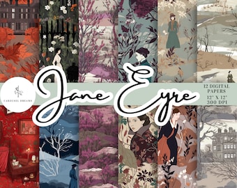 Jane Eyre 12 Digital Paper Pack - Instant Download. Charlotte Bronte's Classic Novel Printable Scrapbook Paper, Seamless Repeat Sublimation.