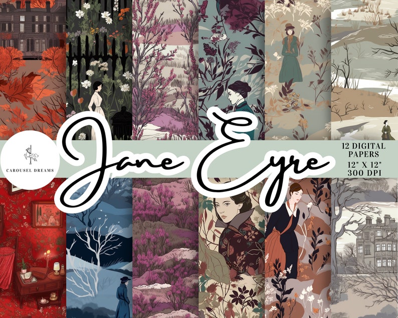 Jane Eyre 12 Digital Paper Pack Instant Download. Charlotte Bronte's Classic Novel Printable Scrapbook Paper, Seamless Repeat Sublimation. image 1