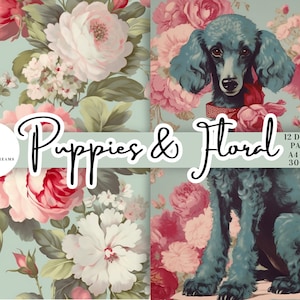以下が含まれることがあります： ピンクと白のバラを背景に、赤いリボンをつけたターコイズブルーのプードルのイラストが描かれたデジタルペーパーセット。「Puppies & Floral」の文字が筆記体で書かれています。セットには12枚のデジタルペーパーが含まれています。