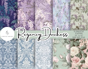 Bestseller – Zestaw 12 cyfrowych papierów inspirowanych stylem regencji – do natychmiastowego pobrania. Wzór powtarzalny do druku, grafika 3D, PNG do użytku komercyjnego