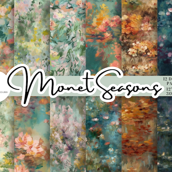 Monet Seasons 12 Digital Paper Pack - Instant Download. Printable Scrapbook Paper, Seamless Impressionist Giverny Repeat Pattern, Floral.