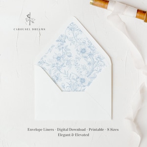 Forro de sobre imprimible, A7, Euro Flap, Square Flap, 6.5 Square, A6, 5.75 Square, 4 Bar, Invitaciones de boda, Floral azul francés