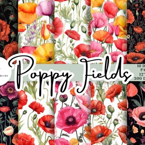 10 Seamless DIGITAL Patterns - Watercolor Poppies. Printable for cards, invitations, sublimation, craft. California Poppy Art, Commercial.