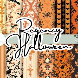 May include: Twelve digital papers in a Regency Halloween theme. The papers feature a variety of patterns, including damask, bats, spiders, skulls, and ghosts. The papers are 12 inches by 12 inches and 300 DPI.