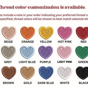 a collection of heart-shaped embroidery designs in various colors, including beige, orange, yellow, pink, red, blue, purple, light pink, green, brown, gold, dark blue, white, and black. The text indicates that thread color customization is available, and the embroidery is available in a variety of colors.