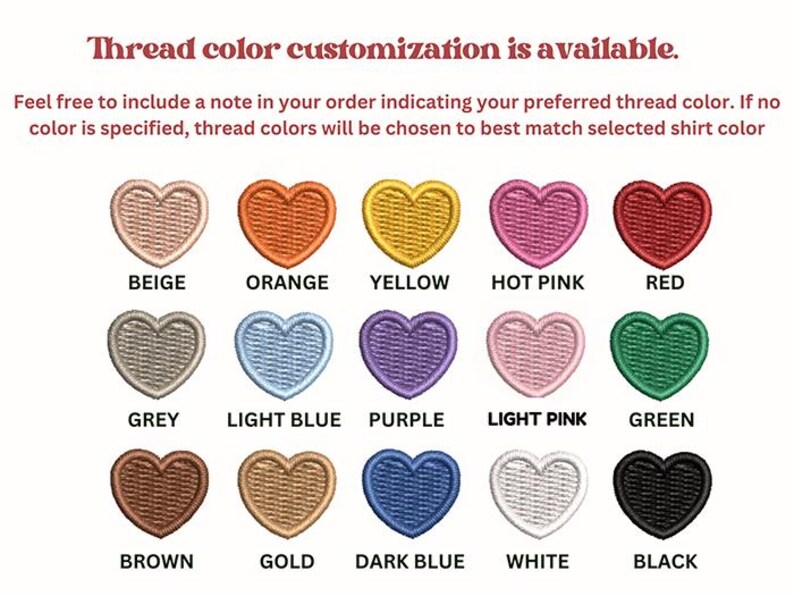 a collection of heart-shaped embroidery designs in various colors, including beige, orange, yellow, pink, red, blue, purple, light pink, green, brown, gold, dark blue, white, and black. The text indicates that thread color customization is available, and the embroidery is available in a variety of colors.