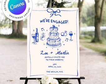 Engagement Party Welcome Sign Template Hand Drawn Scribble Illustrations Were Engaged Printable Handwritten Signage Illustrated Party Decor