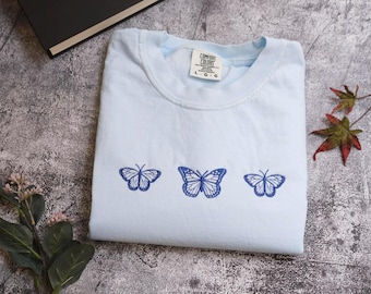 Butterfly Comfort Colors Tee, Embroidered Butterfly Shirt, Minimalist T-Shirt, Embroidered Tee, Embroidered Shirt, Custom Shirt, Retro Shirt