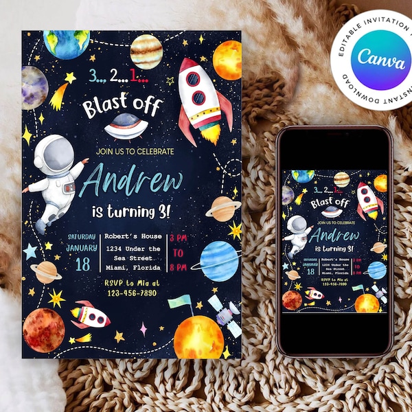 Outer Space Birthday Invitation Template, Planets Rocket Ship Astronaut Invite, Galaxy Blast Off Invitation, Editable Invitation Download