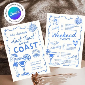 Coastal Bachelorette Invitation and Itinerary Template, Last Toast on the Coast, Coastal Grandma, Beach Bachelorette, Canva Template, Hen do