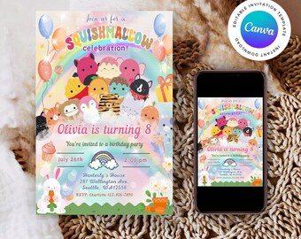 Editable Birthday Invite Squish, Digital Girls Birthday invitation, Minimal, Boho, squishy, mallow, squish invite, digital invite, Animals