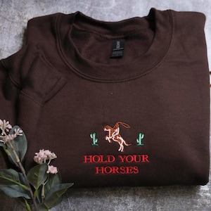 Embroidered Hold Your Horses Western Hoodie Sweatshirt Cowboy, Rodeo Western cowgirl trendy aesthetic Sweater vintage inspired retro