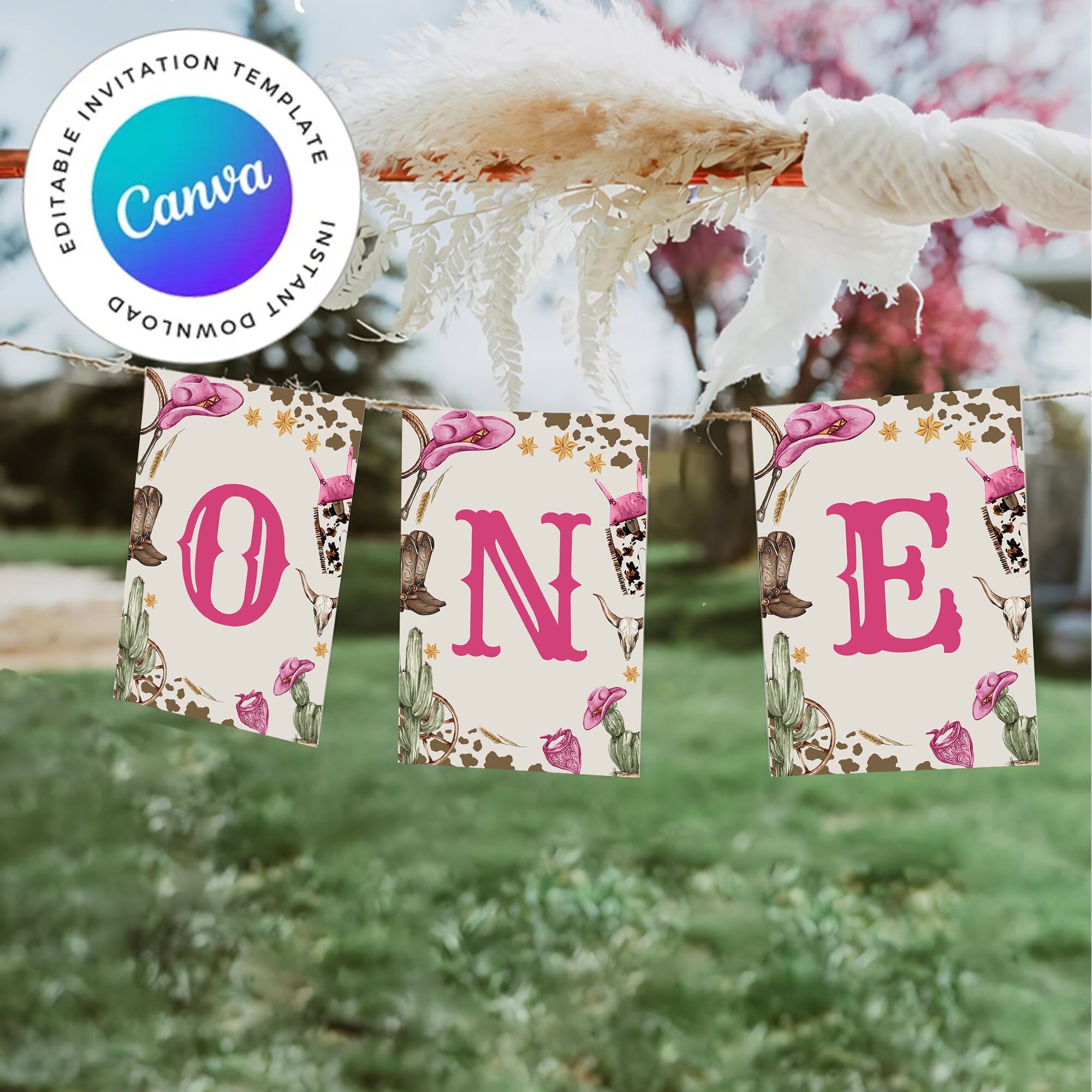 2 Personalized Cowgirl Birthday Banners - Custom Name, Age & Message - Light Pink, 800mm Long