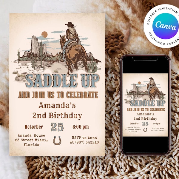 Editable Country Western Birthday Party Invitation, Cowboy Horse Rodeo Birthday Party Invitation, Wild West Invite, Instant Download