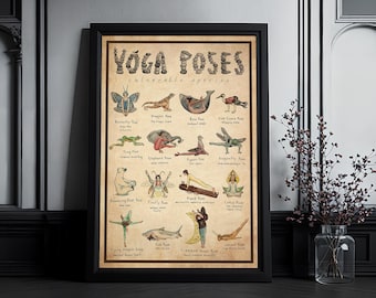 Yoga Poses Art Print Vintage Yoga with Animal Illustration Yoga Gift for Enthusiasts Meditation Wall Art Boho Yoga Gift Yoga Studio