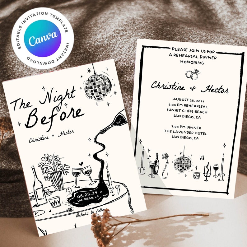 REHEARSAL DINNER INVITE Template, whimsical scribble illustration, the night before wedding, hand drawn Modern Rehearsal Invite, Handwritten image 2