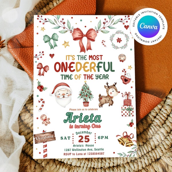 It's The Most ONEderful Time Of The Year Birthday Invitation, Christmas Birthday Invitation, Editable Christmas Santa Birthday Party Invite