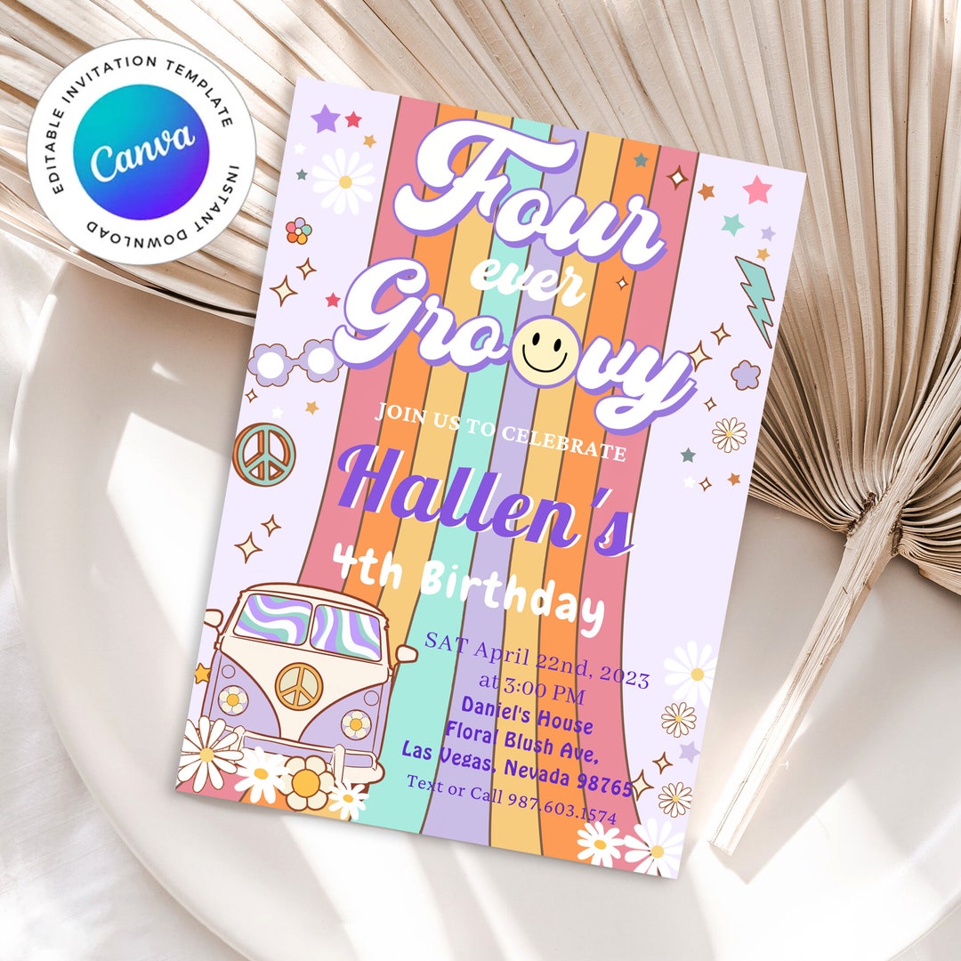 Editable 4 Ever Young Fall Groovy Invite, Four Birthday Groovy Invite ...