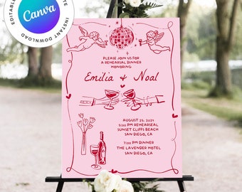 Hand drawn Wedding Rehearsal Dinner Welcome Sign, The Night Before Wedding Welcome Sign Template, Scribble , Cheers Drinks, Instant Download