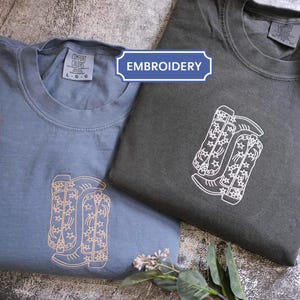 Cowgirl Boots Embroidered Comfort Colors Shirt, Cowgirl Boots Embroidered Crewneck, Cowboy Boots Embroidered T-Shirt, Cowboy Embroidered Tee