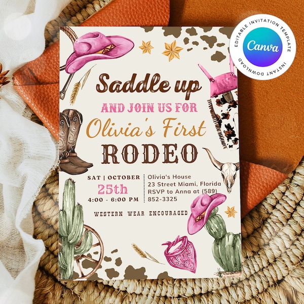 EDITABLE Cowgirl Birthday Invitation, Editable Western Birthday Invitation, Wild West Birthday Invitation, My 1st Rodeo Instant Download