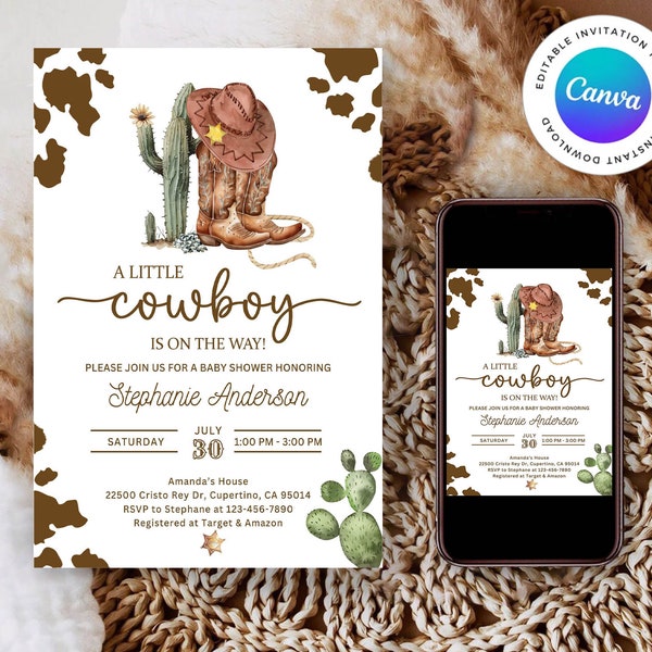 LITTLE COWBOY Baby Shower Invitation Template, Editable Wild West Boy Printable Invite, Little Cowboy is on the Way, Western Baby Sprinkle