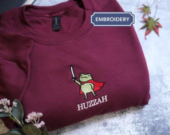 Huzzah Frog with Sword Embroidered Medieval Frog Sweatshirt, Funny Hoodie, Renaissance Faire Frog Embroidered T Shirt