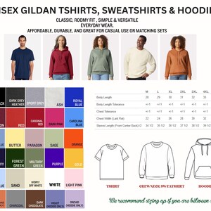 The image is a collage of various images showcasing different styles of unisex gildan t-shirts, sweatshirts, and hoodies, along with their corresponding sizes and descriptions.