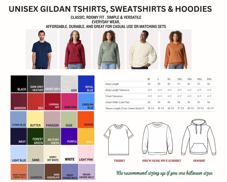 The image is a collage of various images showcasing different styles of unisex gildan t-shirts, sweatshirts, and hoodies, along with their corresponding sizes and descriptions.