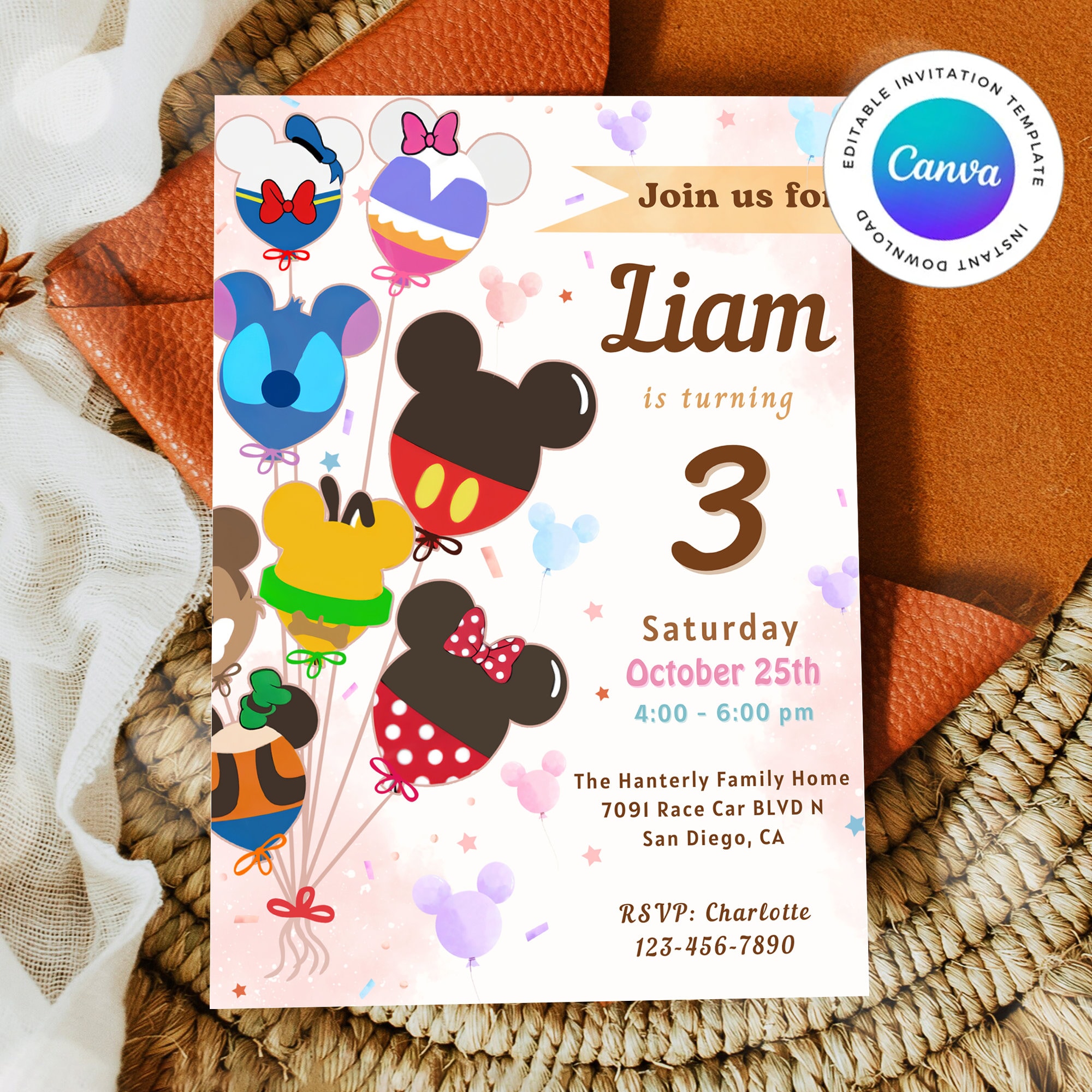 Editable Disneyland Birthday Girl Invitation, Mickey Balloon Invitation