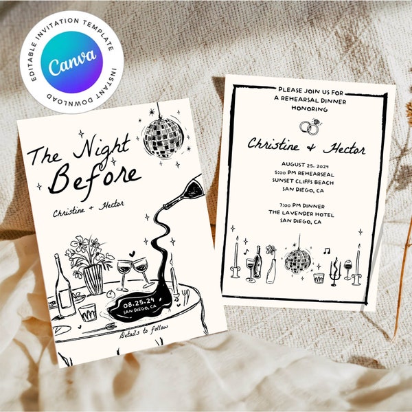 REHEARSAL DINNER INVITE Template, whimsical scribble illustration, the night before wedding, hand drawn Modern Rehearsal Invite, Handwritten