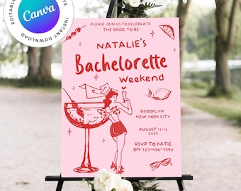 Editable Bachelorette Party Welcome Sign Template, Hand Drawn Style, tropical, beach illustration, handwritten, Bachelorette Party Decor