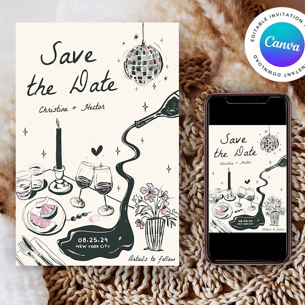 Hand drawn Wedding Save the Date template, Birthday Anniversary Dinner Party, Hand drawn scribble illustrated Fun Invite, Instant Download