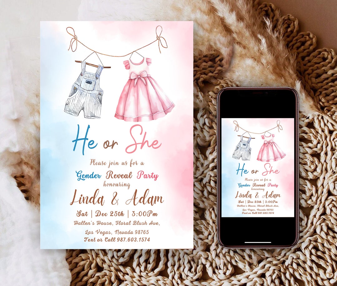 Editable Gender Reveal Invite Template He or She Baby Boy or - Etsy