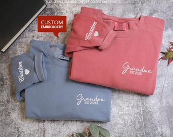 Comfort Colors Custom Embroidered Grandma Shirt: Personalized Sweatshirts with kids name, Gift for grandma grandpa auntie uncle matching