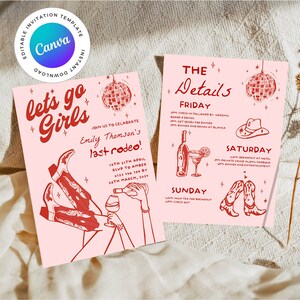 Let's Go Girls Nashville Bachelorette Party Invitation and Itinerary Template, Scribble Illustrated Last Rodeo Party Nash Bash Hens Invite image 3