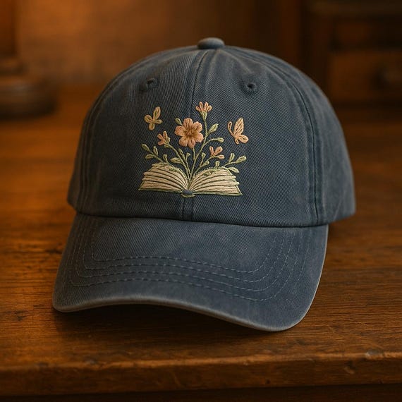 Custom Embroidered Book Hat Floral Bloom Cap Reading Lover Gift Aesthetic Vintage Style Botanical Embroidery Baseball Cap