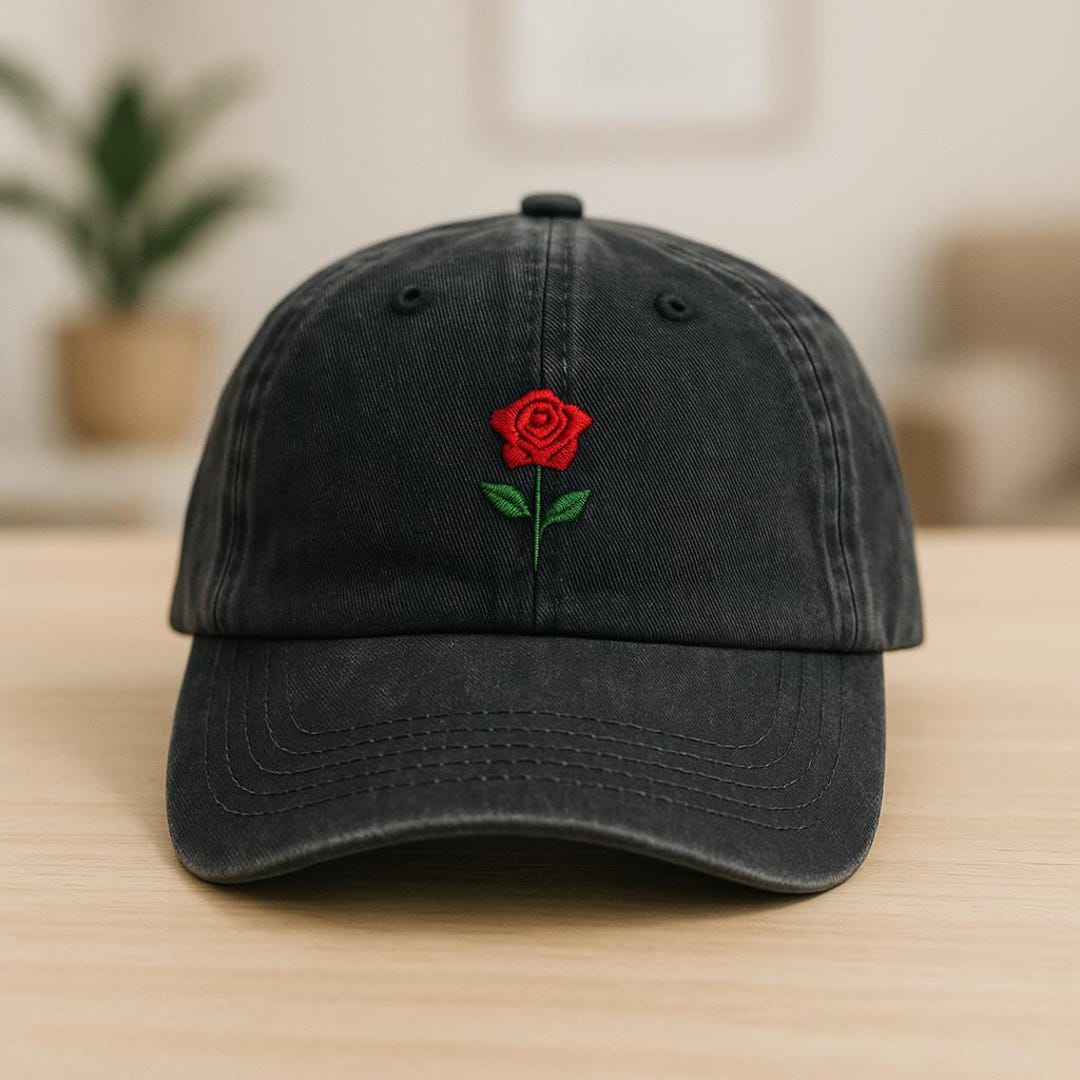 Embroidered Rose Hat – Minimalist Red Flower Design Adjustable Black ...
