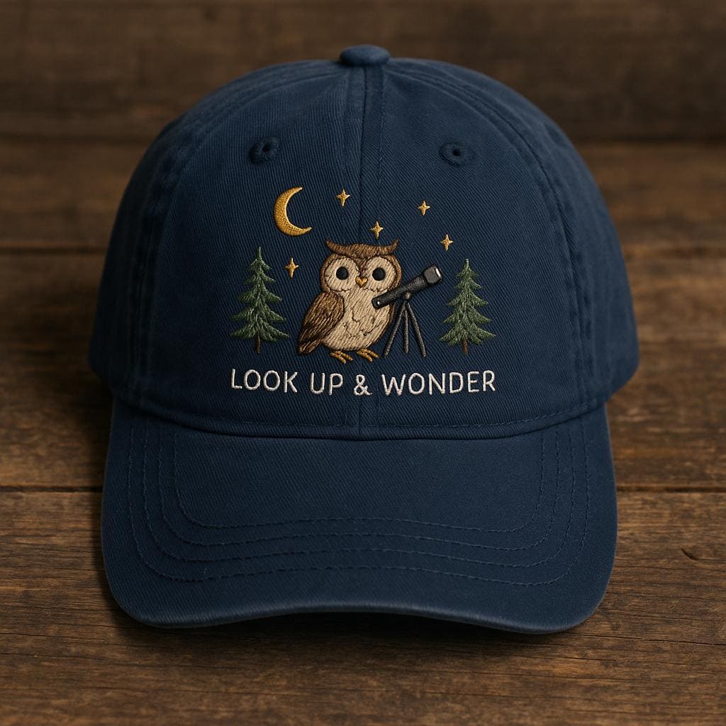 Owl Stargazing Embroidered Hat – Look Up & Wonder Cap, Cute Night Sky Animal Dad Cap for N